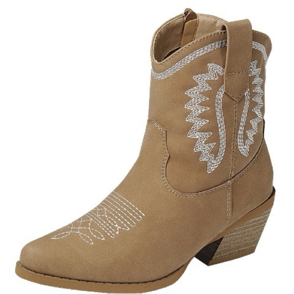 Tan Western Ankle Boots with White Stitching